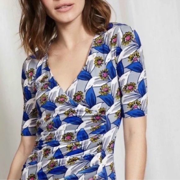 Boden Ruth Faux Wrap Dress Blue Botanical Sz 10 Long workwear business casual - Picture 1 of 12